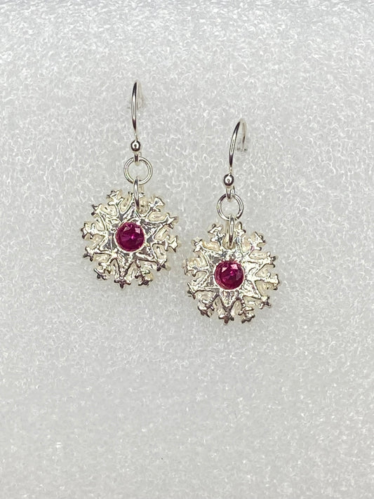 Snowflake Round Earrings - Dark Pink