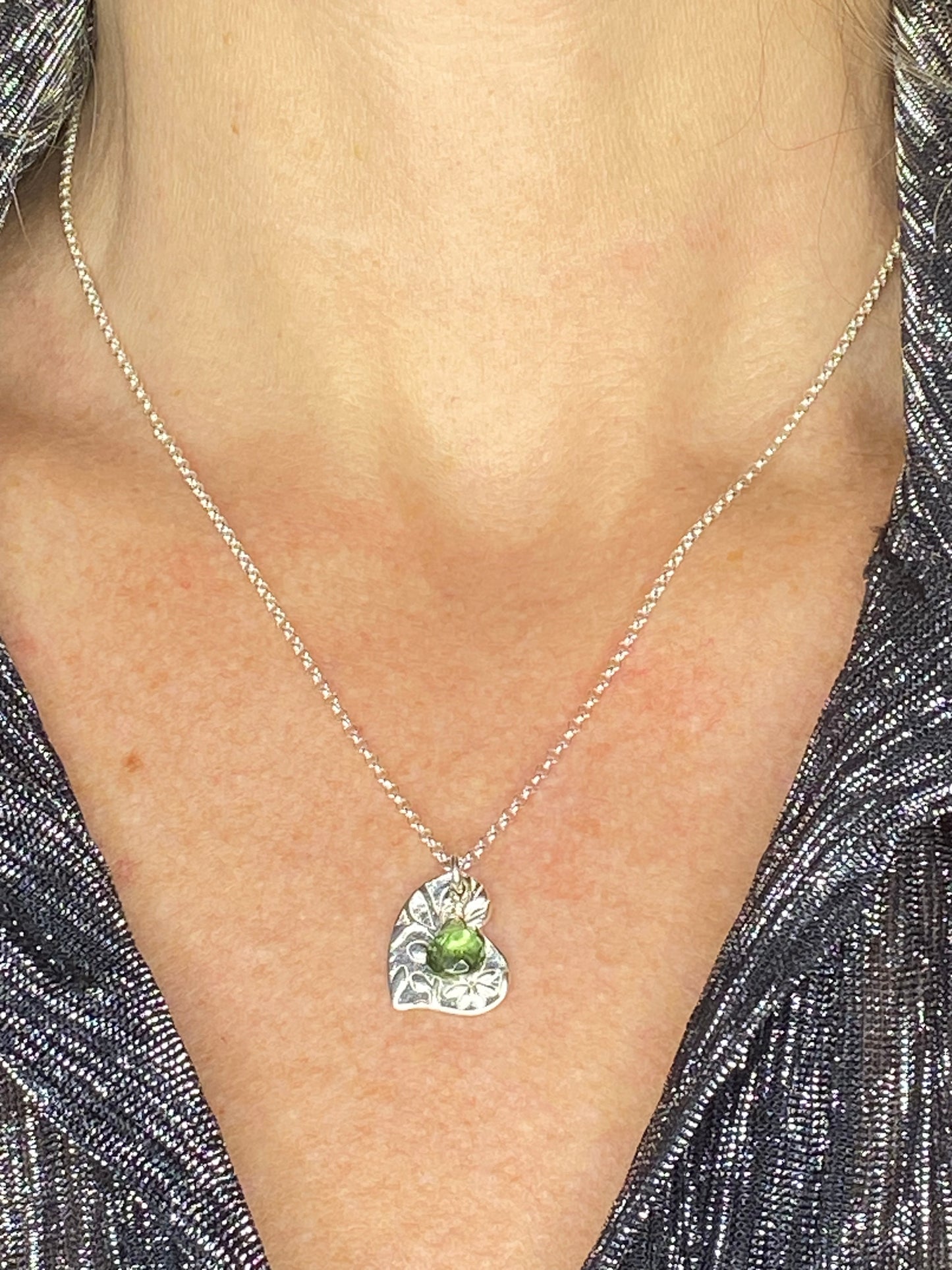 Heart Flowers with Leaves and Green Apatite Necklace