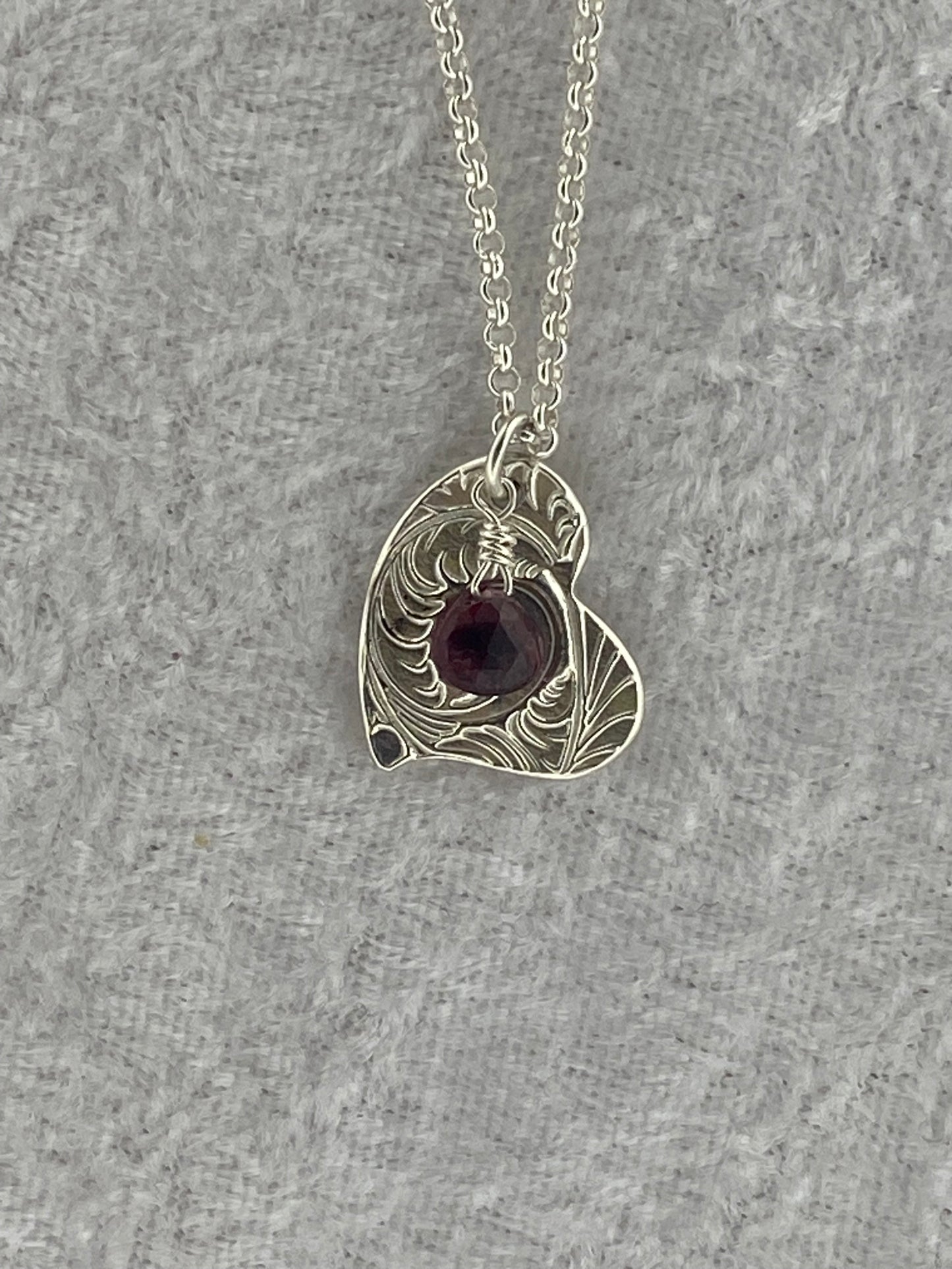 Heart Plume and Garnet Necklace
