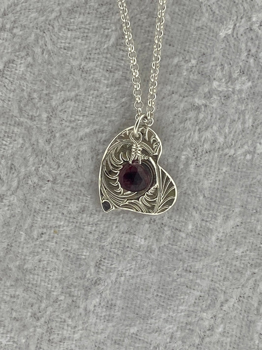Heart Plume and Garnet Necklace